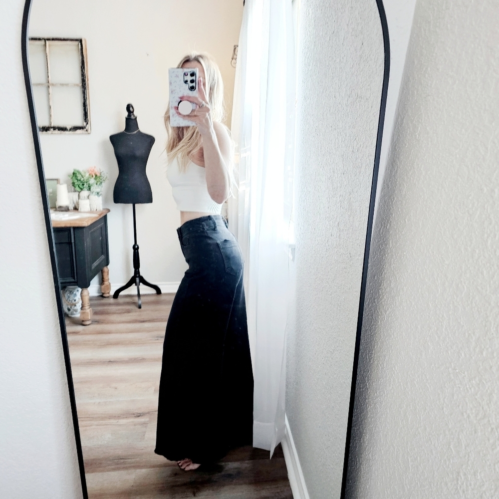 RISEN HR Tummy Control Black Palazzo Jeans Wide Leg Distressed Hems Various NEW - Picture 8 of 12